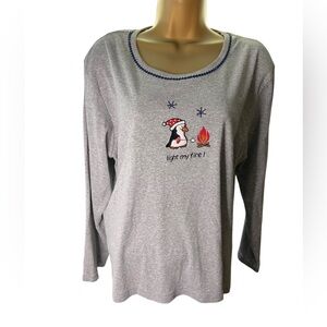 Vintage Y2K Vanity Fair Holiday Penguin Graphic Long Sleeve Tee Gray L